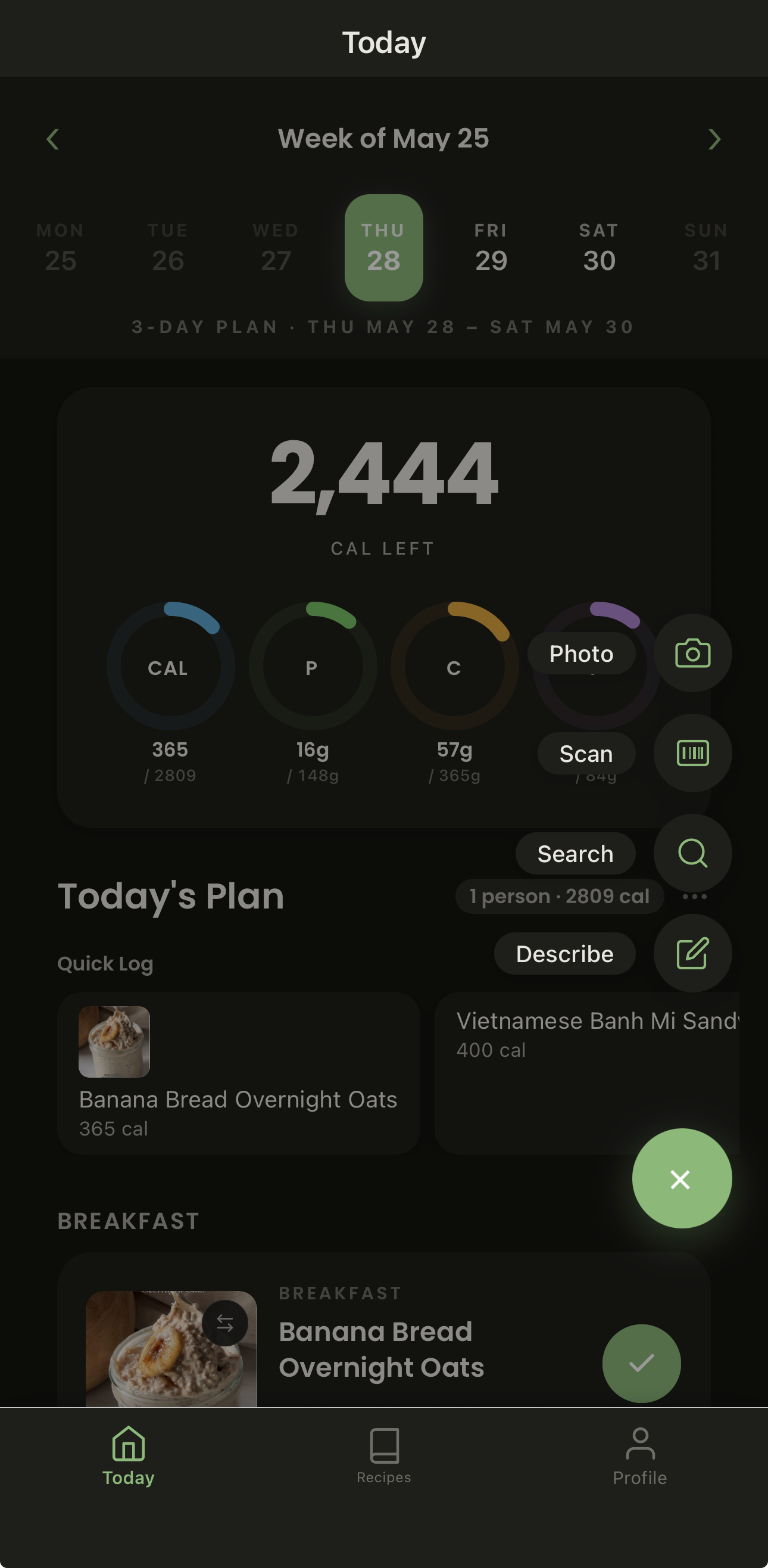 Food logging options — photo, scan, search, and describe