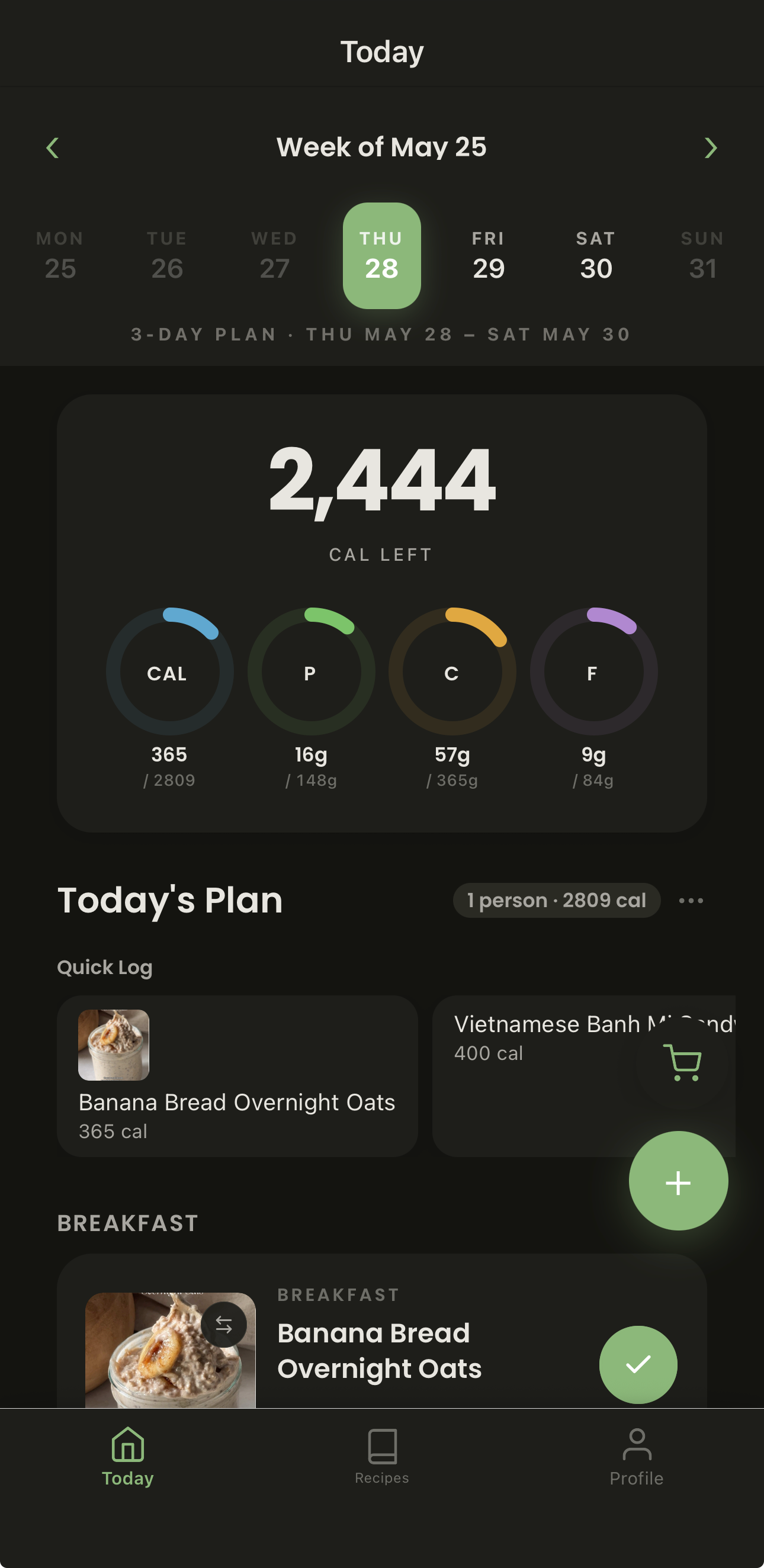 Today screen with macro tracking and meal plan