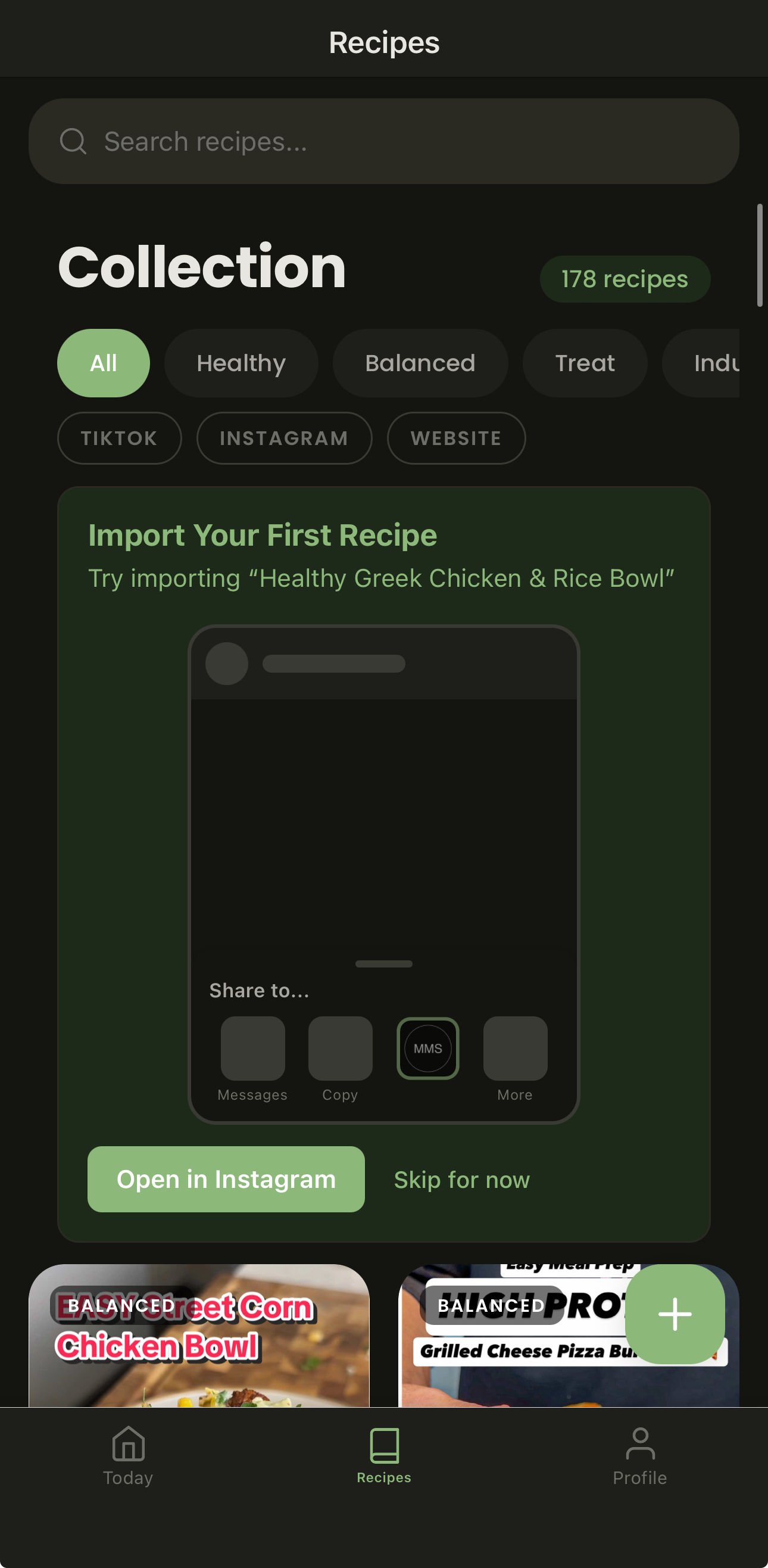 Recipe library with 178 imported recipes and macros